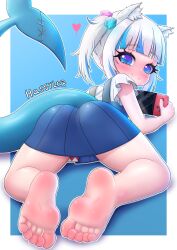 Rule 34 | 1girl, absurdres, animal ears, artist name, bare legs, barefoot, blue background, blue dress, blue eyes, blush, border, cat ears, cat girl, closed mouth, controller, dot nose, dress, excited, feet, female focus, fins, fish tail, foot focus, from behind, gawr gura, gawr gura (casual), happy, hassylep, highres, holding, holding controller, hololive, hololive english, long hair, looking at viewer, looking back, multicolored hair, nintendo switch, no legwear, no shoes, ponytail, shark girl, shark tail, shirt, short sleeves, side ponytail, simple background, smile, soles, solo, streaked hair, tail, toes, top-down bottom-up, two-tone hair, virtual youtuber, white border, white shirt
