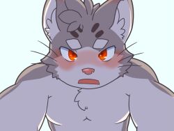 1boy animal_ears blush cat_boy cat_ears commentary_request from_below furry furry_male highres looking_at_viewer male_focus open_mouth red_eyes sitri_(housamo) tokyo_houkago_summoners topless_male totoken_030 upper_body whiskers