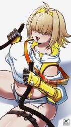 1girl breasts cable elegg_(nikke) exposed_pocket fang gloves goddess_of_victory:_nikke hair_over_eyes highres large_breasts light_blush midriff multicolored_hair open_mouth short_hair shorts smile solo solo_focus spriggantweet stomach thick_thighs thighs