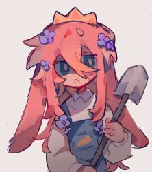 1605000977 1boy :&lt; androgynous animal_ears animification blue_eyes blue_overalls bright_pupils carrot carrot_print collared_shirt crown denim_overalls flower food_print frown girly_boy hair_flower hair_ornament holding holding_shovel long_hair long_sidelocks long_sleeves male_focus minecraft_youtube origins_smp overalls pink_hair purple_flower rabbit_boy rabbit_ears shirt shovel sidelocks simple_background solo technoblade technoblade_(bunny) variant_set white_background white_pupils white_shirt