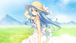 Rule 34 | 1girl, 2-g, blue hair, breasts, dress, game cg, hat, koshimizu hayate, long hair, medium breasts, orange eyes, outdoors, samoyed smile, solo focus, sun hat, sundress, yoru meguru bokura no maigo kyoushitsu
