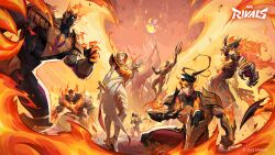 3girls 4boys absurdres black_panther_(marvel) black_widow claw_(weapon) copyright_name dark-skinned_male dark_skin darkchylde emma_frost fiery_hair fighting_stance fire flaming_weapon highres iron_fist_(marvel) kneeling logo magik_(x-men) marvel marvel_rivals mask multiple_boys multiple_girls namor official_alternate_costume official_art promotional_art weapon wolverine_(x-men) x-men