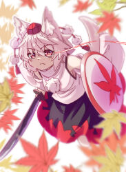 1girl animal_ear_fluff animal_ears black_dress charging_forward detached_sleeves dress eye_trail falling_leaves feet_out_of_frame hat highres holding holding_shield holding_sword holding_weapon inubashiri_momiji leaf leaf_print light_trail looking_ahead maple_leaf maple_leaf_print pom_pom_(clothes) red_eyes red_skirt ryuu_(multitask) shield shirt short_hair skirt solo sword tail tokin_hat touhou two-tone_skirt weapon white_background white_hair white_shirt wolf_ears wolf_tail