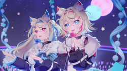 2girls animal_ear_fluff animal_ears ayana_(ayana_illst) black_jacket blonde_hair blue_eyes blue_hair blue_nails blush breasts collarbone dog_ears dog_girl fuwawa_abyssgard hair_between_eyes hair_intakes hair_ornament headphones highres holding holding_microphone hololive hololive_english horn_hairband jacket large_breasts lightstick long_hair long_sleeves microphone mococo_abyssgard multiple_girls open_mouth pink_eyes pink_hair pink_nails short_hair siblings sisters smile twins unworn_headphones virtual_youtuber x_hair_ornament