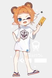 1girl ;d animal_ears bear_ears blue_eyes blue_sandals colored_tongue commentary_request fake_animal_ears fangs flip-flops full_body grey_background hand_on_own_hip highres holding holding_ticket inkling inkling_girl inkling_player_character long_shirt looking_at_viewer nintendo noamem one_eye_closed open_mouth orange_hair orange_tongue pointy_ears sandals shirt short_hair short_sleeves skin_fangs smile solo splatoon_(series) splatoon_3 standing star_(symbol) tentacle_hair ticket white_shirt