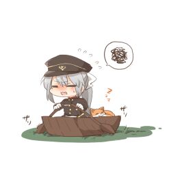 1girl :d animal black_hat black_jacket blush boat chibi closed_eyes fang flying_sweatdrops fox grey_hair hair_ribbon hat higuchi_kaede higuchi_kaede_(8th_costume) jacket long_hair military_hat military_jacket military_uniform mole mole_under_eye nijisanji nose_blush open_mouth peaked_cap ponytail rebecca_(keinelove) ribbon rowboat simple_background sleeping small_sweatdrop smile solo spoken_squiggle squiggle sweat v-shaped_eyebrows very_long_hair virtual_youtuber white_background white_ribbon zzz