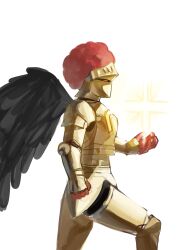 1boy afro armor black_wings breastplate dokomon feathered_wings from_side full_armor gauntlets glowing helm helmet highres male_focus mcdonald&#039;s profile red_eyes red_hair ronald_mcdonald simple_background solo white_background wings