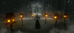 Rule 34 | 1boy, antique phone, bare tree, black cape, black hakama, black shirt, brown hair, building, candlestick phone, cape, crosswalk, dark, diffraction spikes, facing viewer, flying paper, full body, green eyes, hair between eyes, hakama, hatorihatelier, holding, holding phone, hypnosis mic, japanese clothes, kimono, lantern, long sleeves, male focus, outdoors, overcast, paper, phone, road, shibuya (tokyo), shirt, short hair, sky, smoke, snowing, solo, standing, straight-on, street, tokyo (city), traffic light, tree, white kimono, wooden lantern, yumeno gentaro
