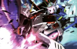 Rule 34 | artist request, battle damage, damaged, energy sword, flying, force impulse gundam, freedom gundam, gundam, gundam perfect file, gundam seed, gundam seed destiny, highres, holding, holding beam saber, holding sword, holding weapon, impulse gundam, mecha, mecha focus, mobile suit, no humans, robot, science fiction, shield, sword, v-fin, weapon
