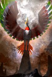 absurdres asaki_(asaki_vision) bird cloud cloudy_sky commentary_request from_below gen_2_pokemon head_back highres ho-oh legendary_pokemon light_rays nintendo no_humans outdoors pokemon pokemon_(creature) pokemon_focus sky solo standing