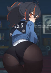 1girl absurdres ahoge arutemisu180 ass black_panties black_pantyhose blue_jacket blurry blurry_background blush commentary crossed_bangs english_commentary english_text from_behind hair_between_eyes highres indoors jacket looking_at_viewer multicolored_hair panties panties_under_pantyhose pantyhose police police_uniform policewoman ponytail red_eyes red_hair short_hair solo streaked_hair two-tone_hair underwear zenless_zone_zero zhu_yuan