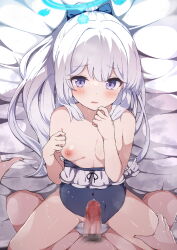 Rule 34 | 1boy, 1girl, absurdres, bare arms, bare shoulders, bed sheet, blue archive, blue bow, blue halo, blue one-piece swimsuit, blush, bow, breast press, breasts, clothed female nude male, clothed sex, clothes pull, clothing aside, covered navel, cowboy shot, erection, frilled one-piece swimsuit, frills, furrowed brow, hair bow, halo, hand to own mouth, hands up, hetero, high ponytail, highres, imminent penetration, jon (pixiv31559095), leg grab, long hair, looking at viewer, lying, male pubic hair, missionary, miyako (blue archive), miyako (swimsuit) (blue archive), nipples, nude, on back, one-piece swimsuit, one-piece swimsuit pull, open mouth, penis, ponytail, pov, pov crotch, precum, pubic hair, purple eyes, small breasts, solo focus, spread legs, swimsuit, swimsuit aside, wet, white hair, wide ponytail