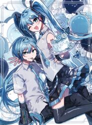 Rule 34 | 1boy, 1girl, ;d, aqua necktie, balloon, black pants, black skirt, black sleeves, blue eyes, blue flower, blue hair, blush, bug, butterfly, cake, commentary, confetti, danjou sora, dated, detached sleeves, flower, food, fork, full body, genderswap, genderswap (ftm), grey shirt, hair between eyes, hair ornament, hatsune miku, hatsune mikuo, headphones, highres, holding, holding cake, holding food, icing, insect, miku day, necktie, number tattoo, one eye closed, open mouth, pants, pleated skirt, shirt, short sleeves, shoulder tattoo, signature, skirt, sleeveless, sleeveless shirt, smile, tattoo, teeth, tie clip, tongue, very long sleeves, vocaloid, white flower