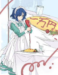 1girl alternate_costume apron aqua_dress back_bow blue_hair bocchi_the_rock! bow cherry_tomato close-up closed_mouth cup dress drinking_glass drinking_straw enmaided food food_focus food_writing frilled_apron frills hair_ornament hairclip highres holding ketchup ketchup_bottle lettuce looking_at_food looking_down maid maid_headdress multiple_views nobita_(makoto7060355) omelet omurice plate pouring sleeve_cuffs solo standing table tablecloth tomato translated water white_apron white_bow yamada_ryo yellow_eyes