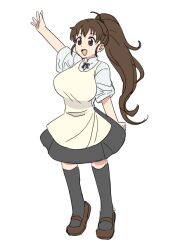 1girl :d ahoge apron arm_up black_skirt black_socks blue_ribbon breasts brown_eyes brown_footwear brown_hair clenched_hand collar dot_nose eyelashes full_body k_w_z large_breasts neck_ribbon open_hand open_mouth ponytail ribbon shirt short_sleeves simple_background skirt smile socks solo taneshima_popura teeth thighhighs upper_teeth_only waitress wavy_hair white_background white_collar white_shirt working!! yellow_apron zettai_ryouiki