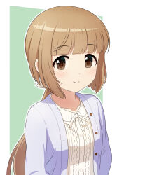 Rule 34 | 1girl, absurdres, aropotto, blunt bangs, brown eyes, brown hair, highres, idolmaster, idolmaster cinderella girls, idolmaster cinderella girls starlight stage, looking at viewer, ponytail, simple background, smile, solo, upper body, yorita yoshino