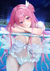 1girl absurdres bikini blush breasts dorothy_(nikke) goddess_of_victory:_nikke hair_bun hair_intakes highres large_breasts long_hair looking_at_viewer navel night nigi_(ngmnoym) pink_eyes pink_hair pool single_side_bun smile solo stomach swimsuit white_bikini white_wings wings