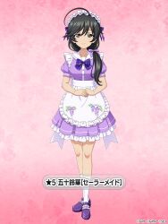 1girl ahoge apron black_eyes black_hair blush bow bowtie breasts character_name collarbone dress floral_print frilled_apron frilled_dress frills full_body girls_und_panzer girls_und_panzer_senshadou_daisakusen! gradient_background hair_between_eyes hair_bow huge_ahoge isuzu_hana legs loafers long_hair looking_at_viewer low-tied_long_hair maid_apron maid_headdress official_art own_hands_together plaid_bow plaid_bowtie plaid_clothes puffy_short_sleeves puffy_sleeves purple_bow purple_bowtie purple_ribbon purple_shoes red_background ribbon sailor_collar sash shoes short_dress short_sleeves smile socks standing thighs translated white_apron white_sailor_collar white_sash white_socks