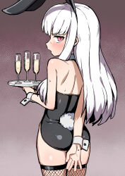 1girl absurdres animal_ears ass black_leotard blush champagne_flute cup drinking_glass embarrassed fake_animal_ears fake_tail fire_emblem fire_emblem:_three_houses fishnet_thighhighs fishnets from_behind highres holding holding_tray leotard long_hair looking_at_viewer looking_back lysithea_von_ordelia nintendo open_mouth pink_eyes playboy_bunny profile rabbit_ears rabbit_tail solo sweat tail thighhighs tray wagashi_(dagashiya) white_hair
