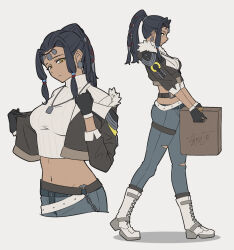 Rule 34 | 1girl, artist name, black gloves, black hair, boots, box, breasts, cardboard box, carrying, cherrrim, closed mouth, crop top, cropped jacket, dark-skinned female, dark skin, ear piercing, earrings, full body, gloves, grey pants, hair ornament, high ponytail, highres, jewelry, kasa (zenless zone zero), long hair, looking at viewer, medium breasts, midriff, necklace, pants, parted bangs, piercing, ponytail, shirt, signature, solo, standing, teeth, torn clothes, torn pants, turtleneck, turtleneck shirt, white boots, yellow eyes, zenless zone zero