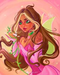 Rule 34 | 1girl, artist name, bare shoulders, blonde hair, breasts, brown hair, chibimica, choker, cleavage, closed mouth, collarbone, commentary, cowboy shot, dark-skinned female, dark skin, dress, earrings, english commentary, eyelashes, fairy, fairy wings, flora (winx club), flower choker, flower tattoo, glitter, gold earrings, green choker, green eyes, green wings, hand on own chest, happy, heart, heart in eye, highres, hoop earrings, jewelry, light blush, light particles, lipstick, long hair, looking at flowers, magical girl, makeup, multicolored hair, pink arm warmers, pink background, pink dress, pink nails, pleated dress, red lips, short dress, shoulder tattoo, signature, smile, solo, sparkle, standing, strapless, strapless dress, streaked hair, symbol in eye, tattoo, thick eyebrows, two-tone hair, very long hair, wings, winx club