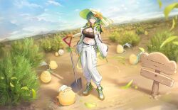 1girl ;) absurdres admiral_nakhimov_(a_fresh_green_day)_(azur_lane) admiral_nakhimov_(azur_lane) animal_ear_headwear animal_hat azur_lane baby_animal belt belt_pouch bird black_tank_top blue_sky blush boots breasts brown_shirt cat_hat chick cleavage cleavage_cutout clothing_cutout cloud coat crop_top day detached_sleeves fake_animal_ears farmer field flower gloves gloves_over_sleeves grass green_boots green_hair green_jacket green_sleeves hair_between_eyes hand_on_headwear hand_up hat hat_flower highres holding holding_shovel hood hooded_jacket jacket large_breasts leaf looking_at_viewer manjuu_(azur_lane) midriff mountainous_horizon navel non-web_source official_alternate_costume official_art one_eye_closed open_clothes open_coat open_jacket orange_eyes orange_gloves outdoors pants pocket pouch ribbon shadow shirt shoes short_hair short_sleeves shovel sidelocks sign sky smile solo standing stomach sun_hat tank_top two-sided_fabric two-sided_headwear two-sided_jacket white_jacket white_pants yellow_flower
