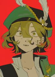 1girl brown_hair earrings green_eyes green_hat hat hat_feather highres jewelry looking_at_viewer nervous newsboy_cap oji-sama_(ochi4t) parted_lips portrait recoleta_(reverse:1999) red_background reverse:1999 shirt short_hair single_earring solo sweat white_shirt