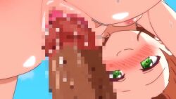 1boy 1girl animated animated_gif anime_screenshot anus ass bikini blush breasts brown_hair censored cowgirl_position erection green_eyes highres huge_filesize loli micro_bikini mosaic_censoring nipples penis pussy riding sex small_breasts straddling subtitled swimsuit toromitsu_musume_no_hitou_service_-torottoro_churu_churu_gohoushi_sasete_kudasai- vaginal