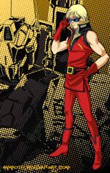 adjusting_eyewear aeug ammotu bare_shoulders blonde_hair commentary english_commentary exposed_internal_machinery gloves gundam hyaku_shiki looking_at_viewer machinery mecha military_uniform mobile_suit mullet quattro_bajeena red_gloves robot science_fiction signature sunglasses toned vest zeta_gundam