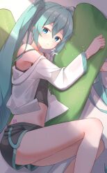 Rule 34 | 1girl, black shorts, blue eyes, blue hair, blush, closed mouth, cropped shirt, food-themed pillow, from side, hair between eyes, hatsune miku, highres, hugging object, jacket, long sleeves, looking at viewer, navel, number tattoo, on bed, open clothes, open jacket, pillow, shirt, short shorts, shorts, sleeveless, sleeveless shirt, solo, soyose, sunlight, tattoo, twintails, vocaloid, white jacket
