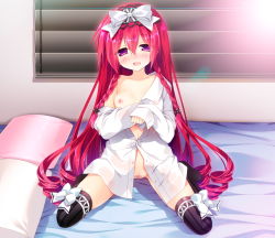 1girl bed blush braid breasts censored female_focus game_cg highres legs long_hair looking_at_viewer mayoeru_futari_to_sekai_no_subete_love_heaven_300_percent mizunomiya_nana mosaic_censoring nipples no_bra no_panties open_clothes open_mouth pillow purple_eyes pussy red_hair sitting small_breasts smile solo thighs unbuttoned youta