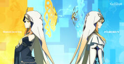 Rule 34 | 2girls, blonde hair, blue background, character name, commentary, crossed arms, dress, dual persona, english commentary, english text, from side, frown, genshin impact, highres, hood, juliet sleeves, long hair, long sleeves, multiple girls, naberius (genshin impact), official art, puffy sleeves, rhinedottir (genshin impact), smile, two-tone background, yellow background, yellow eyes