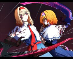 Rule 34 | 2girls, alice margatroid, blonde hair, blood, blood on clothes, blood on face, blush, bois de justice, capelet, closed mouth, commentary request, cookie (touhou), cowboy shot, dies irae, dual persona, dutch angle, frilled hairband, frills, hairband, highres, hinase (cookie), letterboxed, looking at viewer, medium hair, multiple girls, necktie, orange hair, pink hairband, purple background, red eyes, red hairband, red necktie, red sash, sakuna brownie, sash, shinza bansho series, short hair, smile, touhou, white capelet