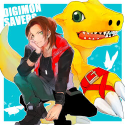 Rule 34 | 2boys, absurdres, adapted costume, agumon, agumon (digimon savers), alternate costume, aqua background, arm up, black footwear, black shirt, black straps, brown hair, bug, butterfly, closed mouth, collarbone, copyright name, daimon masaru (digimon savers), digimon, digimon (creature), digimon savers, english text, green eyes, green pants, hand on own face, highres, hood, hood down, hooded jacket, insect, jacket, jewelry, light smile, long sleeves, looking at viewer, male focus, medium hair, multiple boys, necklace, ookutsuwa waga, open mouth, pants, ponytail, red jacket, red straps, sharp teeth, shirt, shoes, sidelocks, sleeveless, sleeveless jacket, smile, squatting, standing, straight hair, tail, teeth, three quarter view, tongue, white butterfly, wrist straps