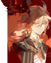 1boy artist_name bad_tag blonde_hair earrings genshin_impact hair_between_eyes highres jewelry kaveh_(genshin_impact) liulianjingrua long_hair looking_at_viewer male_focus pointy_ears red_background red_eyes shirt solo