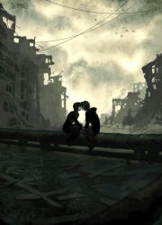 1boy 1girl abandoned atmospheric_perspective bird black_coat black_hair black_pants black_shirt cityscape cloud cloudy_sky coat faceless full_body grey_pants hand_on_lap haze heroine_(homicipher) highres homicipher junkyard kiss knees_up lamppost looking_at_another mr._crawling pants power_lines ruins shirt short_hair sidelocks sitting sitting_on_object sky squalid114617 wire