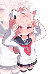 1girl absurdres ahoge animal_ear_fluff animal_ears black_skirt black_thighhighs blue_archive blue_sailor_collar bright_pupils cardigan cat_ears collarbone commentary_request cropped_legs from_above highres light_blush long_hair long_sleeves looking_at_viewer miniskirt natsu_(blue_archive) neckerchief open_mouth paw_pose pink_hair pleated_skirt puffy_long_sleeves puffy_sleeves red_eyes red_neckerchief sailor_collar sanbi1313 side_ponytail sidelocks skirt thighhighs triangle_mouth white_background white_cardigan white_pupils zoom_layer