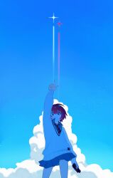 1girl 7nanata_g amate_yuzuriha aqua_shirt aqua_skirt black_necktie cellphone cloud commentary_request cowboy_shot gundam gundam_gquuuuuux highres holding holding_phone long_sleeves necktie outdoors phone pointing pointing_up red_hair red_necktie shirt short_hair skirt sky smartphone solo star_(sky) striped_necktie sweater two-tone_necktie white_sweater