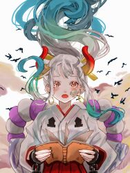 1girl aged_down bandaid bandaid_on_face bird blue_hair blush book commentary_request floating_hair green_hair highres holding holding_book horns japanese_clothes kimono one_piece open_mouth ponytail rope shimenawa solo u_mi031 white_hair white_kimono wide_sleeves wind yamato_(one_piece)