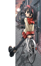 1girl 2000s_(style) :d bad_id bicycle black_boots black_eyes black_hair boots city cloud cobblestone full_body grey_pantyhose hairband lamppost long_sleeves looking_at_viewer looking_back lowres mima_chi open_mouth original outdoors pantyhose pink_hairband pink_sky plaid_clothes plaid_skirt red_sailor_collar red_skirt riding riding_bicycle sailor_collar school_uniform serafuku shirt short_hair sitting skirt sky smile solo sunset white_shirt