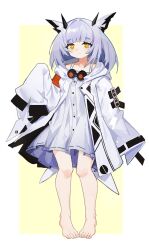 1girl absurdres arknights barefoot border chinese_commentary closed_mouth coat commentary_request dress feet full_body grey_hair hand_up highres looking_at_viewer medium_hair open_clothes open_coat outside_border ptilopsis_(arknights) sadman short_dress simple_background sleeves_past_fingers sleeves_past_wrists solo split_mouth standing toes white_border white_coat white_dress yellow_background yellow_eyes