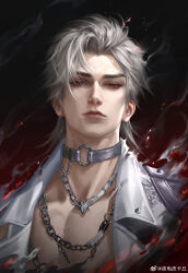 absurdres black_background chain chain_necklace choker closed_mouth grey_hair highres jacket jewelry lips looking_at_viewer love_and_deepspace male_focus medium_hair necklace open_mouth red_background red_eyes simple_background solo sylus_(love_and_deepspace) watermark weibo_username weibo_watermark white_choker white_jacket ye_dian_pikaqiu