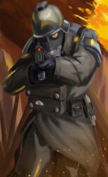 1other aiming aiming_at_viewer ambiguous_gender armor astra_militarum battlefield belt belt_pouch black_jacket death_korps_of_krieg explosion fire gas_mask gloves gun helmet highres imperium_of_man jacket lasgun mask meruru1247 military military_uniform pouch soldier tagme warhammer_40k weapon