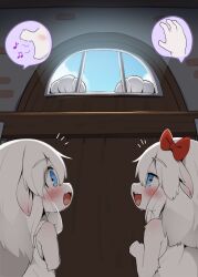 1boy 2girls :3 animal_ears blue_eyes blush bow commentary dagasi dress english_commentary furry furry_female goat_ears goat_girl hair_bow highres indoors long_hair multiple_girls open_mouth red_bow speech_bubble spoken_character the_wolf_and_the_seven_young_kids white_dress