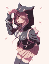 1girl :o breasts brown_hair brown_skirt collared_shirt cowboy_shot danganronpa_(series) danganronpa_2:_goodbye_despair flipped_hair galaga hair_ornament happy_birthday highres hood hood_up jacket long_sleeves medium_hair miniskirt nanami_chiaki neck_ribbon open_clothes open_jacket pink_eyes pleated_skirt ribbon shimaya shirt skirt solo thighhighs white_background white_shirt zettai_ryouiki