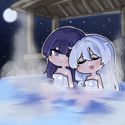 2girls :d ;) blush chibi closed_eyes closed_mouth commentary_request full_moon grey_hair hair_intakes highres honkai_(series) honkai_impact_3rd kiana_kaslana mokkyo_(motkyo) moon multiple_girls naked_towel night night_sky one_eye_closed onsen open_mouth outdoors partially_submerged purple_eyes purple_hair raiden_mei sky smile star_(sky) starry_sky steam towel upper_body water