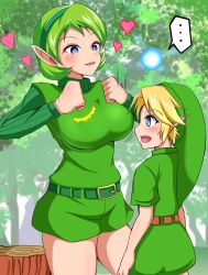 1boy 1girl age_difference aged_up blonde_hair breasts green_hair highres impossible_clothes impossible_shirt large_breasts link navi nintendo pointy_ears saria_(zelda) shirt shota tagme the_legend_of_zelda the_legend_of_zelda:_ocarina_of_time thighs young_link