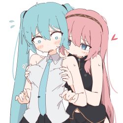 2girls bare_arms bare_shoulders black_shirt black_skirt blue_eyes blue_hair blue_necktie blush collared_shirt commentary_request covered_erect_nipples giryu grabbing_another&#039;s_breast grabbing_from_behind groping hatsune_miku megurine_luka multiple_girls necktie nipple_stimulation nipple_tweak open_mouth pink_hair pleated_skirt shirt simple_background skirt twintails vocaloid white_background white_shirt yuri