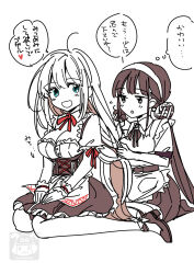 2girls apron brushing_hair bun_cover dirndl double_bun frilled_apron frills german_clothes hair_bun hair_ornament heaven_burns_red highres kanzaki_adelheid long_hair monochrome multiple_girls ponytail puffy_short_sleeves puffy_sleeves sanpachishiki_(gyokusai-jima) satsuki_mari short_sleeves twintails very_long_hair yuri