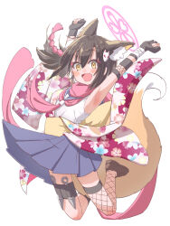 1girl animal_ears blue_archive fox_ears fox_girl fox_tail gloves halo highres izuna_(blue_archive) jumping kunai pink_halo skirt solo tail tomonx weapon